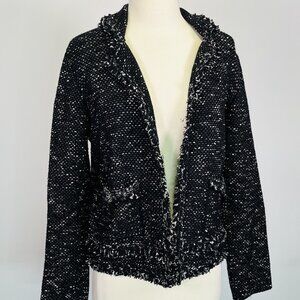 Massimo Dutti Tweed Knit Jacket Blazer Open Fringe Black Italian Yarn Medium